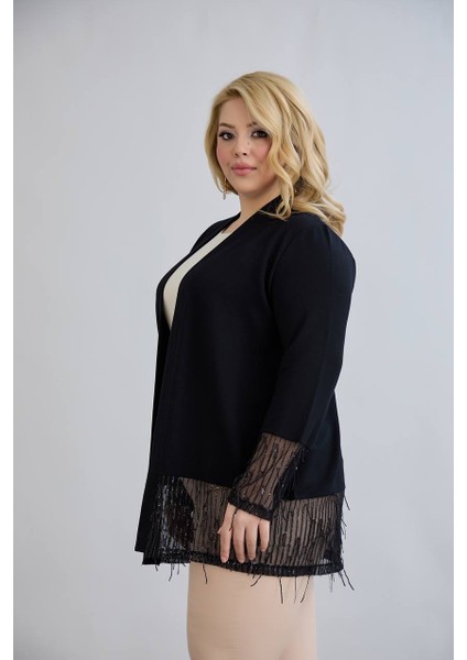 Kadın Büyük Beden Kol ve Etek Uçları Tül ve Işleme Detaylı Kristal Kumaş Şık Hırka fırsatları