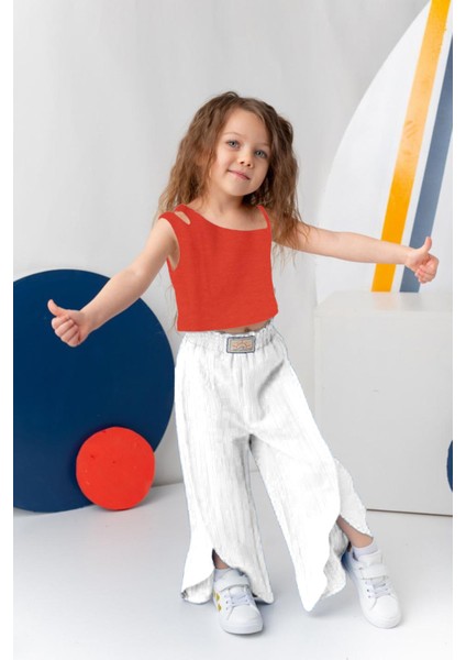 Kolsuz Crop Üst ve Yırtmaçlı Bol Paça Kız çocuk takım - Turuncu