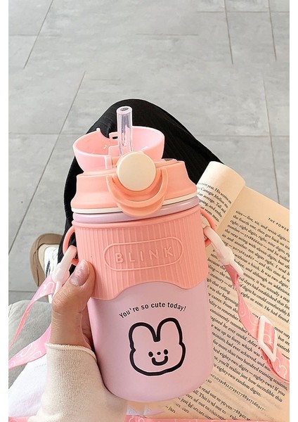 304 L Çelik Pembe 480 ml Askılı ve Pipetli Matara Suluk CIN471PM