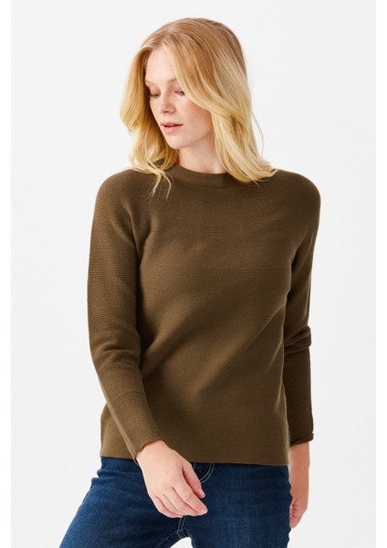 Kadın Sıfır Yaka Dikişsiz Örgü Kazak Haki modelleri