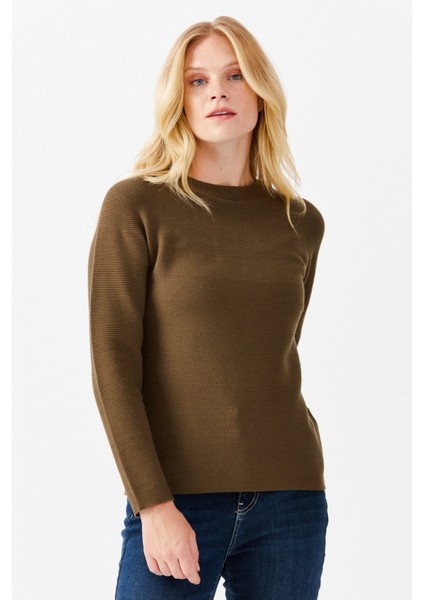 Kadın Sıfır Yaka Dikişsiz Örgü Kazak Haki fırsatları