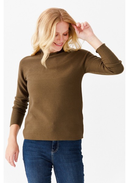 Kadın Sıfır Yaka Dikişsiz Örgü Kazak Haki indirimleri