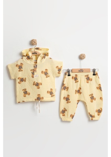 Organik %100 Pamuk Ayıcık Baskılı Kapüşonlu Bebek Body Takımı 9-12-18 Ay - Nefes Alabilir Müslin Kumaş