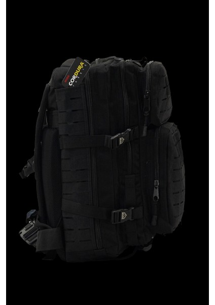 50 Litre Lazer Kesim Siyah Cordura Kumaş Sırt Çantası