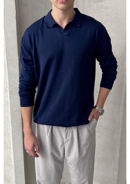 Erkek Pamuklu Polo Yaka Oversize Triko Kazak