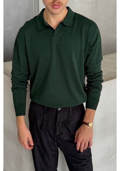 Erkek Pamuklu Polo Yaka Oversize Triko Kazak