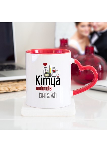 Kişiye Özel Kimya Mühendisi Kalpli Kupa Bardak - Kırmızı