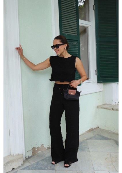Siyah Bürümcük Crop Pantolon Takım modelleri