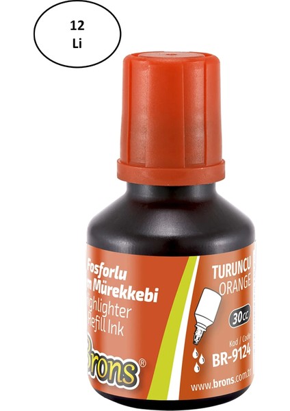 Brons Turuncu Fosforlu Kalem Mürekkebi 30 ml BR-9124 12'li