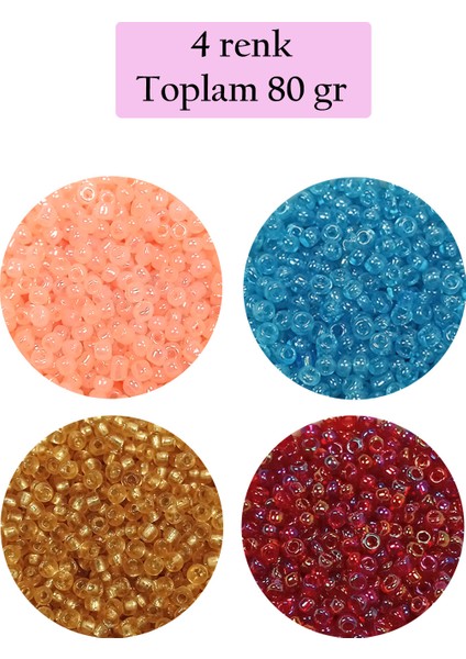 Dökme Cam Kum Boncuk (11/0) 2 mm - 4 Renk - Toplam 80 Gram - BNC405