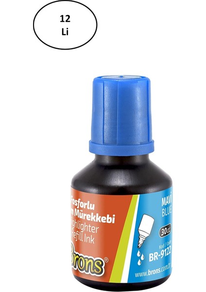 Brons 30 ml Fosforlu Kalem Mürekkebi Mavi 12'li