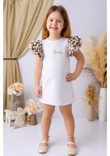 Kolları Leopar Volanlı Fashion Kız çocuk elbise - Beyaz