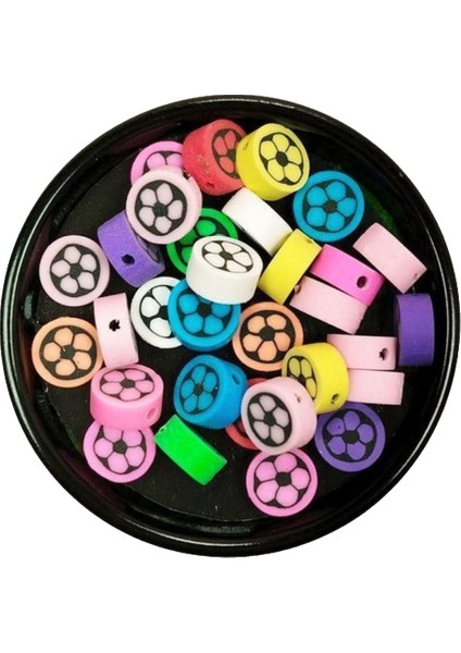 30 Adet 10 mm Polimer Kil Fimo Boncuk Takı Bileklik + 1 Metre Lastikli Misina Hediye - Renkli Çiçek modelleri