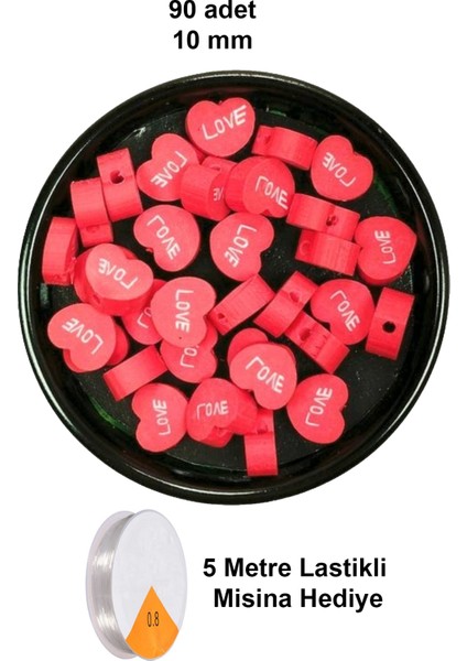 90 Adet 10 mm Polimer Kil Fimo Boncuk Takı Bileklik + 5 Metre Lastikli Misina Hediye - Kalp Love