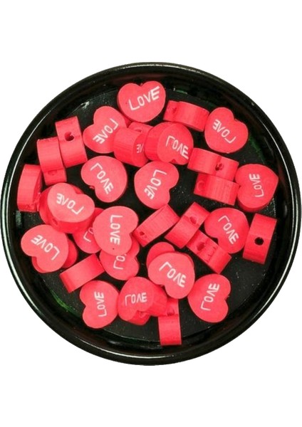 90 Adet 10 mm Polimer Kil Fimo Boncuk Takı Bileklik + 5 Metre Lastikli Misina Hediye - Kalp Love