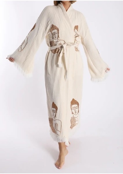 Bornoz ,Plaj Kıyafeti,Kimono , Kaftan ,Sabahlık Kahverengi Buda Desen Baskılı