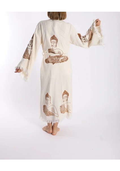 Bornoz ,Plaj Kıyafeti,Kimono , Kaftan ,Sabahlık Kahverengi Buda Desen Baskılı