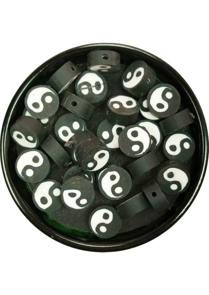 90 Adet 10 mm Polimer Kil Fimo Boncuk Takı Bileklik + 5 Metre Lastikli Misina Hediye - Yin Yang