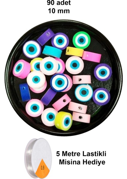 90 Adet 10 mm Polimer Kil Fimo Boncuk Takı Bileklik + 5 Metre Lastikli Misina Hediye - Nazar Boncuğu