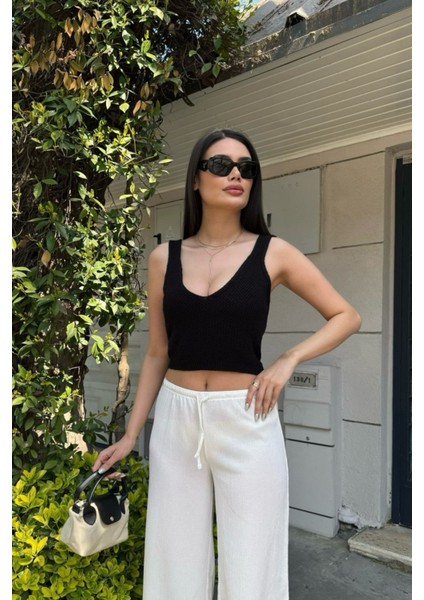 Kadın Askılı Ajurlu Triko Örme Bluz