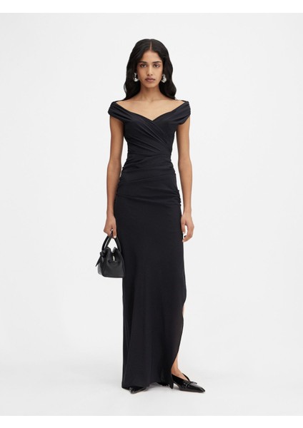 Şık Uzun Poğaça Desenli Elbise Drapeli Off The Shoulder Tasarım