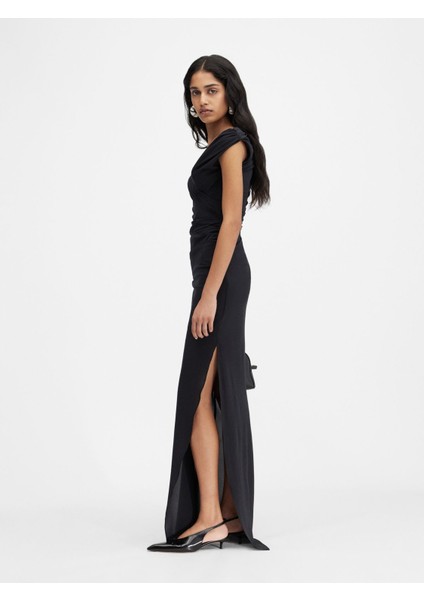Şık Uzun Poğaça Desenli Elbise Drapeli Off The Shoulder Tasarım