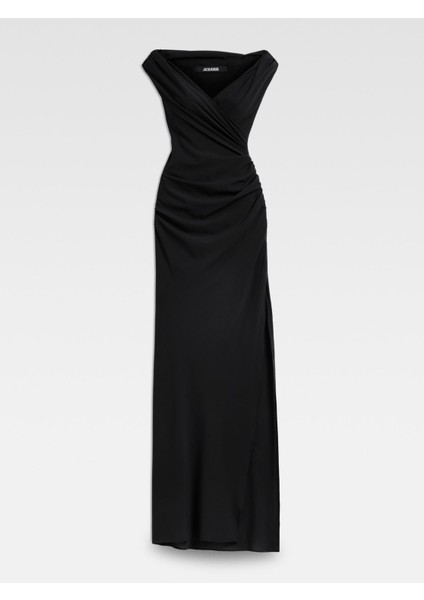 Şık Uzun Poğaça Desenli Elbise Drapeli Off The Shoulder Tasarım
