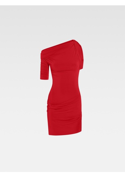 Asimetrik Yaka Detaylı Mini Elbise Ince Fit Akıcı Jersey Kumaş indirimleri