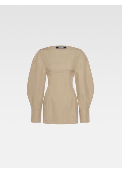 Şık Boat Neck Mini Elbise Yapışık Silüet, Yumuşak Twill Kumaş ve Ayarlanabilir Kemeri