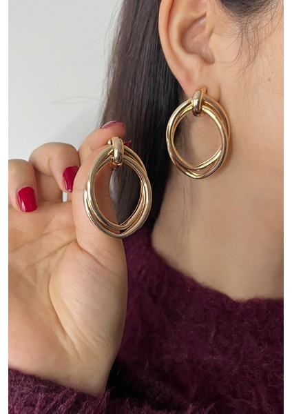 Gold Rose Kaplama Iç Içe Geçmeli Oval Premium Çelik Küpe