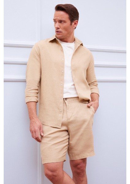 %100 Keten Regular Fit Polo Yaka Yazlık Uzun Kollu Gömlek D9925AX25SP