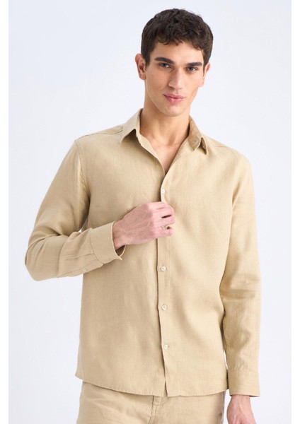 %100 Keten Regular Fit Polo Yaka Yazlık Uzun Kollu Gömlek D9925AX25SP
