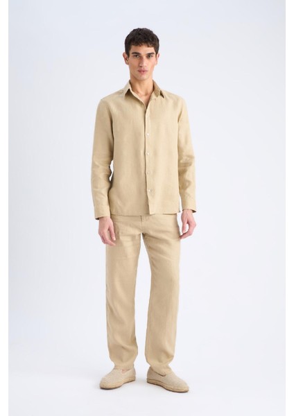 %100 Keten Regular Fit Polo Yaka Yazlık Uzun Kollu Gömlek D9925AX25SP