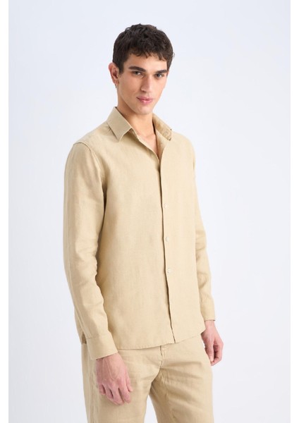 %100 Keten Regular Fit Polo Yaka Yazlık Uzun Kollu Gömlek D9925AX25SP
