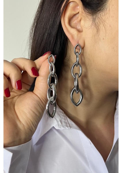 Silver Iç Içe Geçmeli Elips Model Sallantılı Çelik Küpe