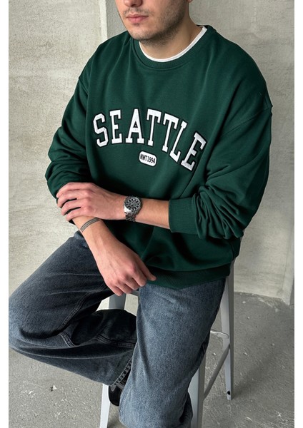 Erkek Seattle Baskılı Oversize Sweatshirt