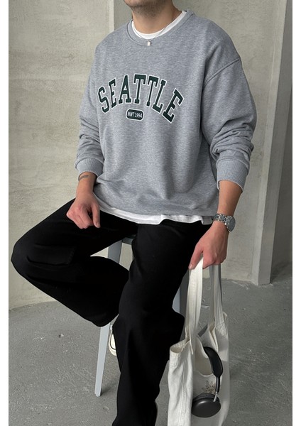 Erkek Seattle Baskılı Oversize Sweatshirt