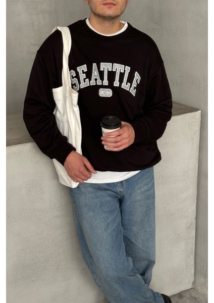 Erkek Seattle Baskılı Oversize Sweatshirt