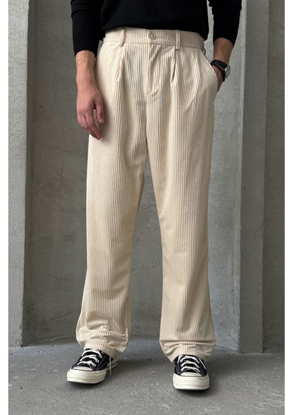 Erkek Pileli Baggy Kalıp Kadife Pantolon modelleri