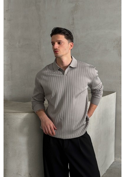 Erkek Polo Yaka Fitilli Oversize Triko Kazak