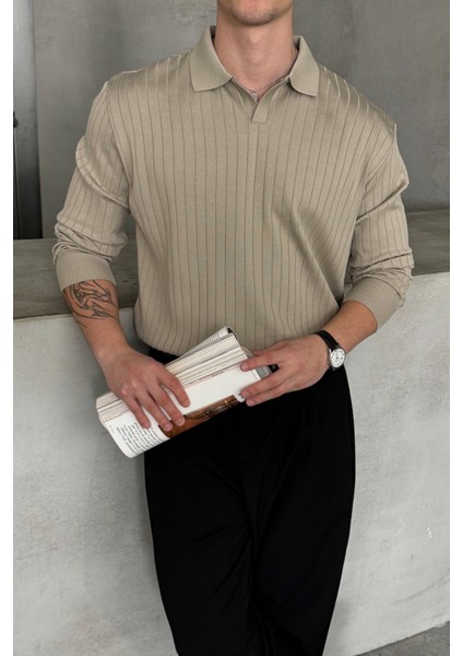 Erkek Polo Yaka Fitilli Oversize Triko Kazak