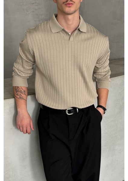 Erkek Polo Yaka Fitilli Oversize Triko Kazak fiyatları