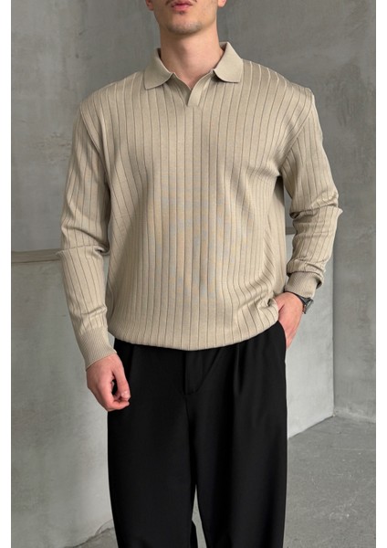 Erkek Polo Yaka Fitilli Oversize Triko Kazak modelleri