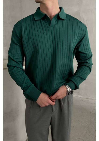 Erkek Polo Yaka Fitilli Oversize Triko Kazak