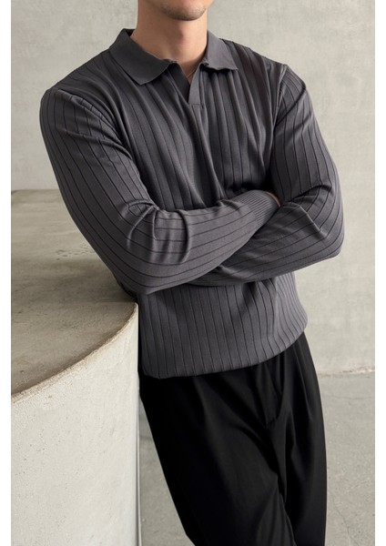 Erkek Polo Yaka Fitilli Oversize Triko Kazak