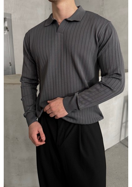 Erkek Polo Yaka Fitilli Oversize Triko Kazak modelleri