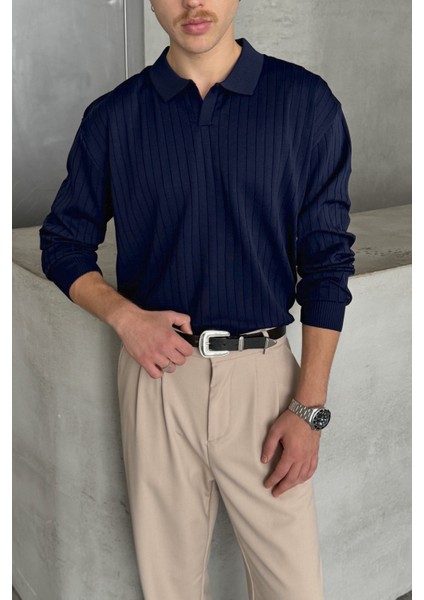 Erkek Polo Yaka Fitilli Oversize Triko Kazak