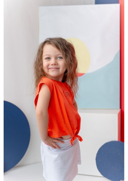 Nakış Detay T-Shirt Yandan Düğmeli Şort Etek Kız çocuk takım - Turuncu fiyatları