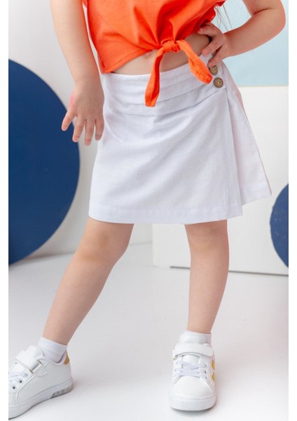 Nakış Detay T-Shirt Yandan Düğmeli Şort Etek Kız çocuk takım - Turuncu fırsatları