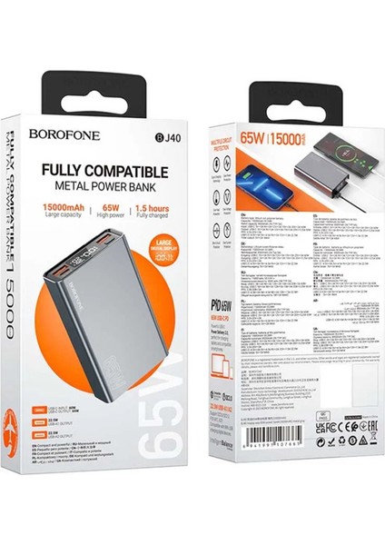 15000MAH 65W Usb-C Input ve Output Digital Ekranlı Güç Bankası Powerbank iPhone ile Uyumlu Şarj Seviyesi LED Gösterli Kompak ve Modern Tasarım BJ40